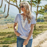 2021 New Women's Slim Fit Solid Color Pullover Loose Lace V-neck Short-sleeved T-shirt Sai Feel